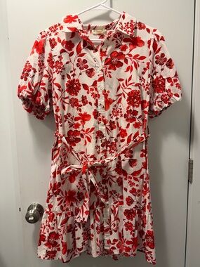 Red Floral Button-Front Mini Dress with Tie Waist